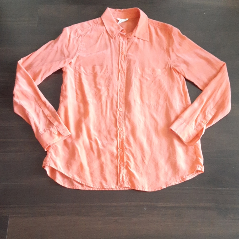 Club Monaco 100% Silk Long Sleeve Blouse - Coral